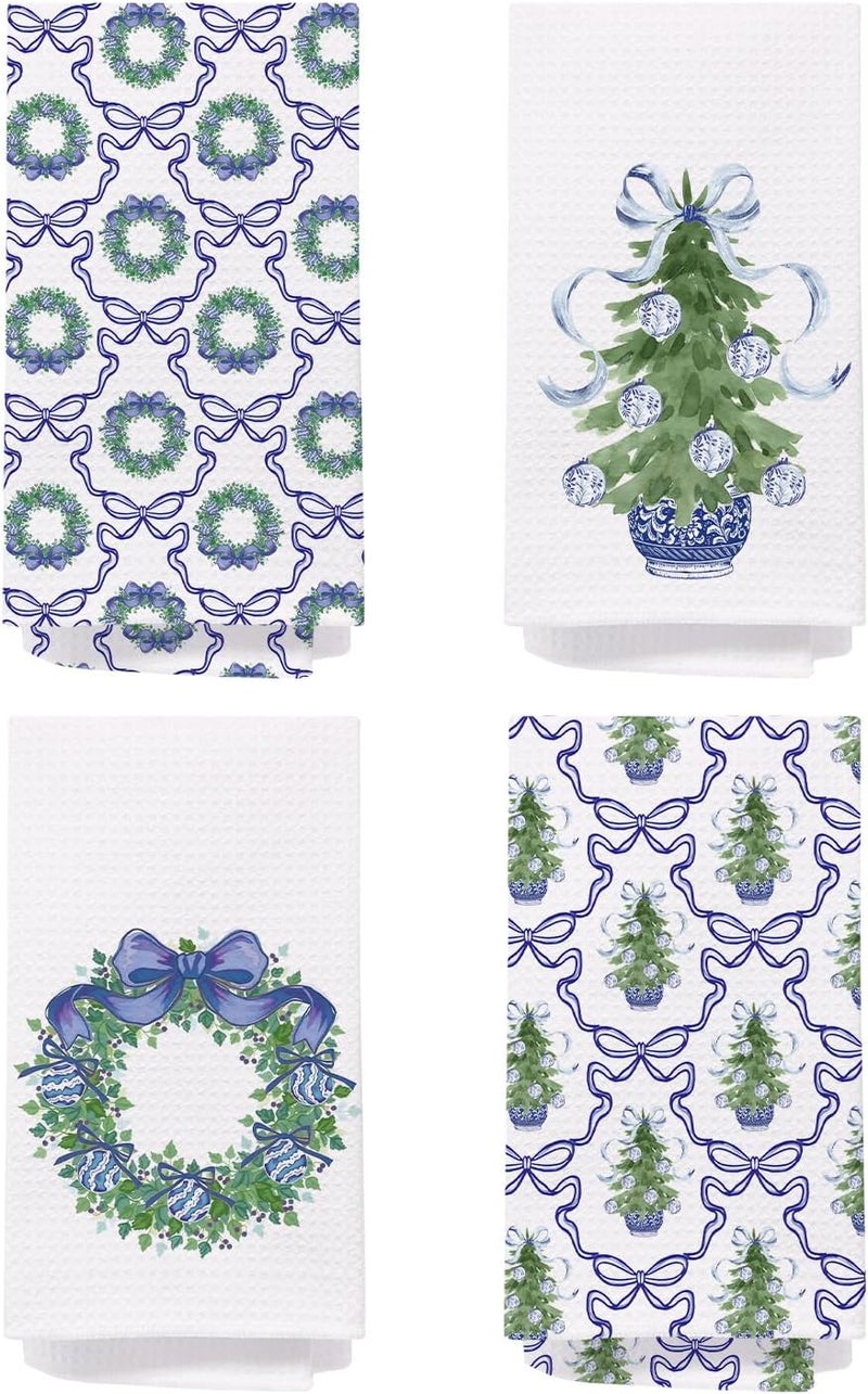 SPBL&L Chinoiserie Christmas Kitchen Towels, Blue Bow Coquette Christmas Tree Dish Towels for Kitchen,Light Blue Christmas Hand Towels for Bathroom Kitchen,16x24 Inches Grandmillennial Decor,Set of 4 - Image 1